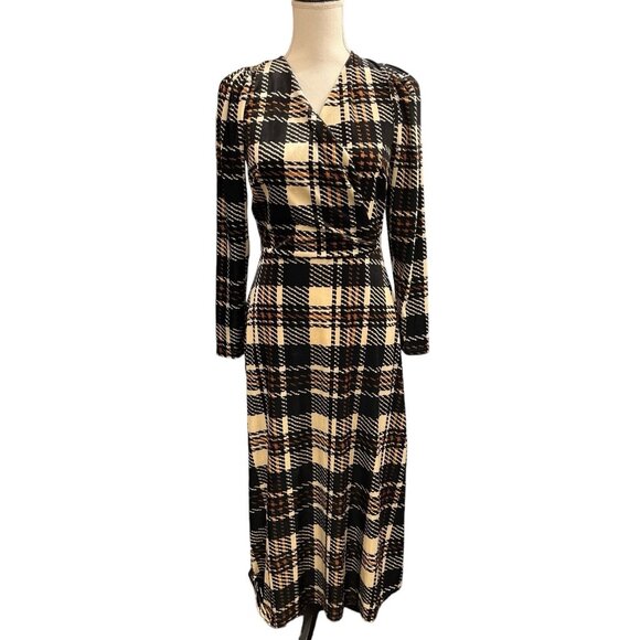 Closet London Dress Womens 8 Black Brown Plaid Velour Wrap Maxi Preppy Classic - Picture 1 of 10